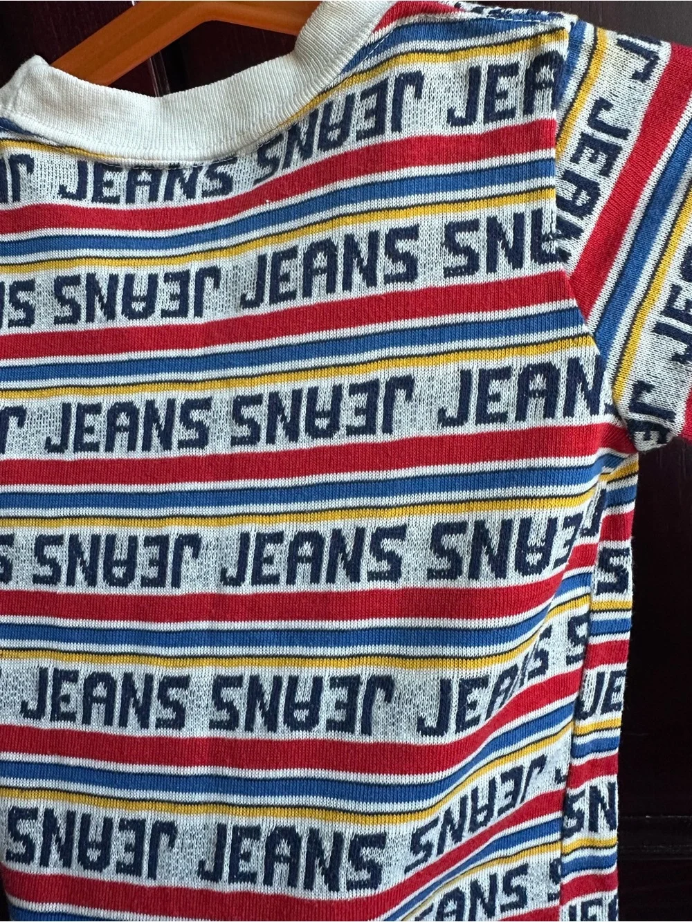 Vintage Striped 'JEANS' Logo Tee - Red, Blue, Yellow & White